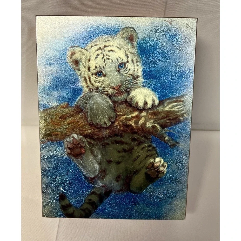 Vintage  Wooden Cedar  White Tiger Cub Hanging On A Branch  Trinket Jewelry Box